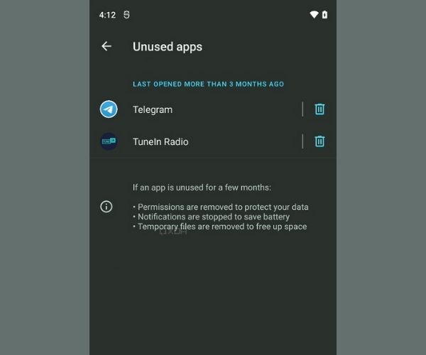 Aplicaciones de Android 12 no utilizadas